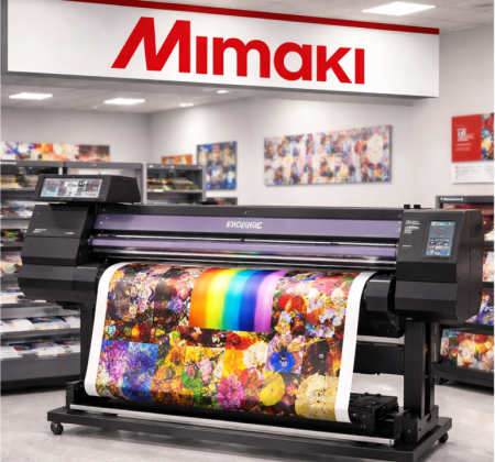 Close-up of a Mimaki UV printer head moving across a vinyl substrate, depositing vibrant CMYK ink during a high-resolution print job