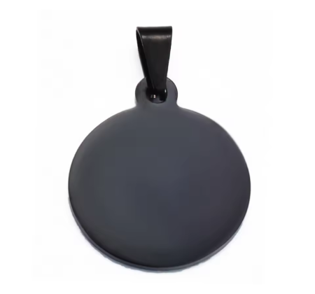 Polished black round pendant blank with chain link for engraving