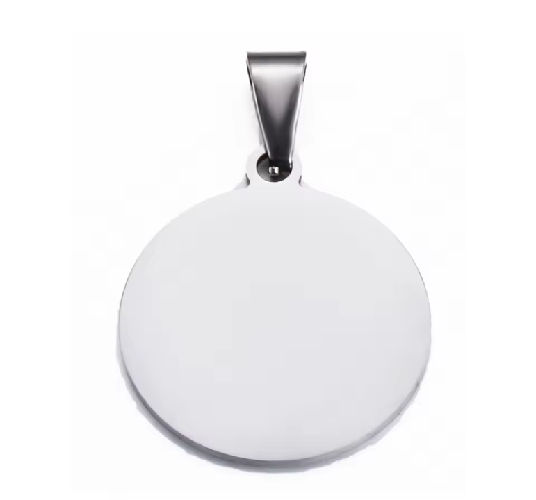 Polished silver round pendant blank with chain link for engraving